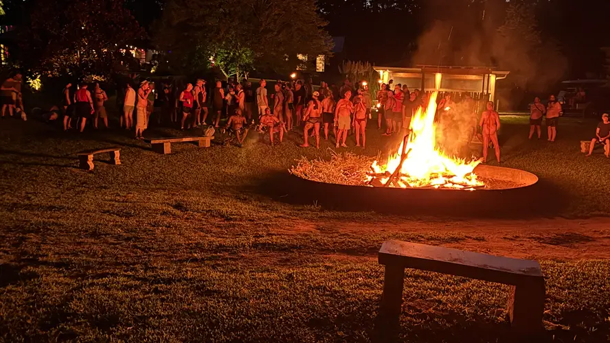 Community fire pit where meet and greet happens every Friday.