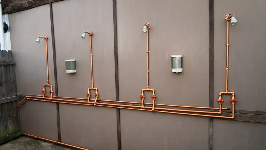 Outdoor showers are located outside main bathhouse and game room.